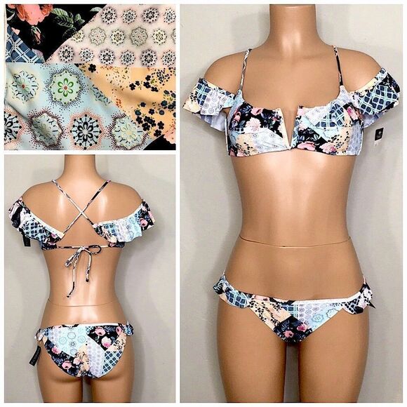 New. Floral patchwork ruffle bikini set. - Picture 1 of 9